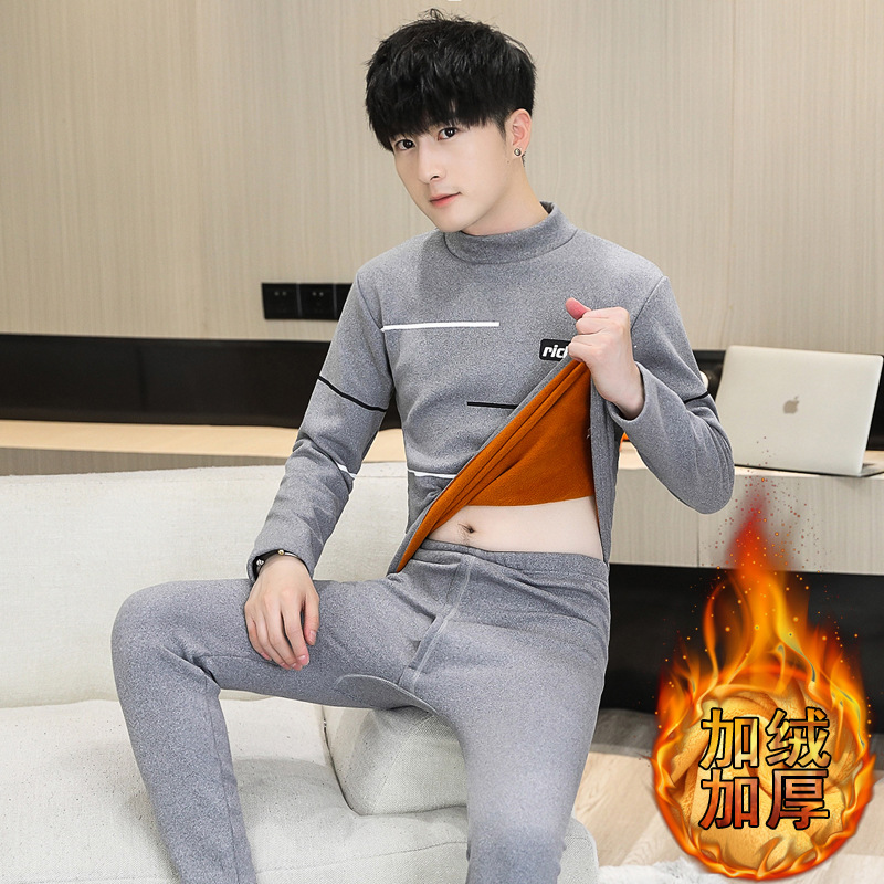 明星同款初中学生男孩棉毛衫保暖内衣套装加绒加厚岁大童衣裤