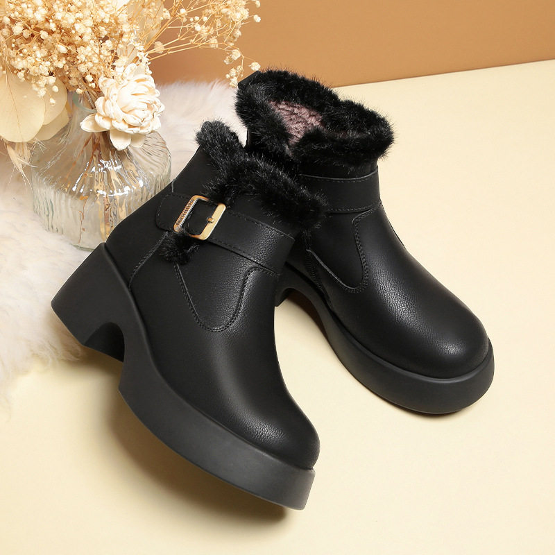 进口一件女款马丁靴厚底妈妈棉鞋短靴女加绒保暖皮鞋季粗跟靴子