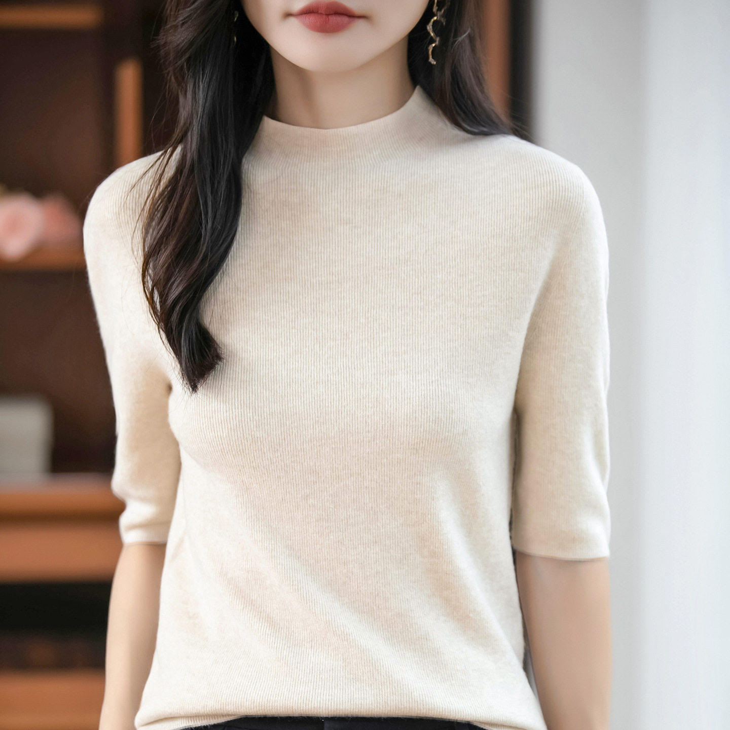 进口五分袖半高领打底衫女内搭毛衣薄款修身上衣中袖纯色半袖针织