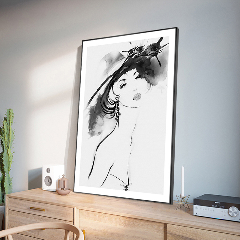 个性新款北欧黑白装饰画 现代简约女装店挂画酒店玄关画个性美女图片