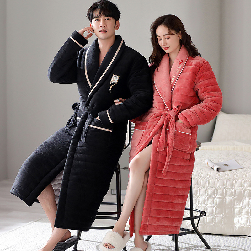 个性新品季情侣睡衣女珊瑚绒三层夹棉保暖睡袍韩版休闲法兰绒棉袄
