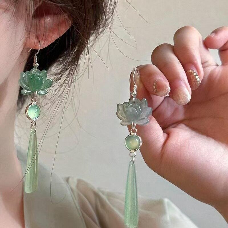 撤柜步步生莲新中式莲花猫眼石长款水滴耳环女国风汉服古风耳钩耳