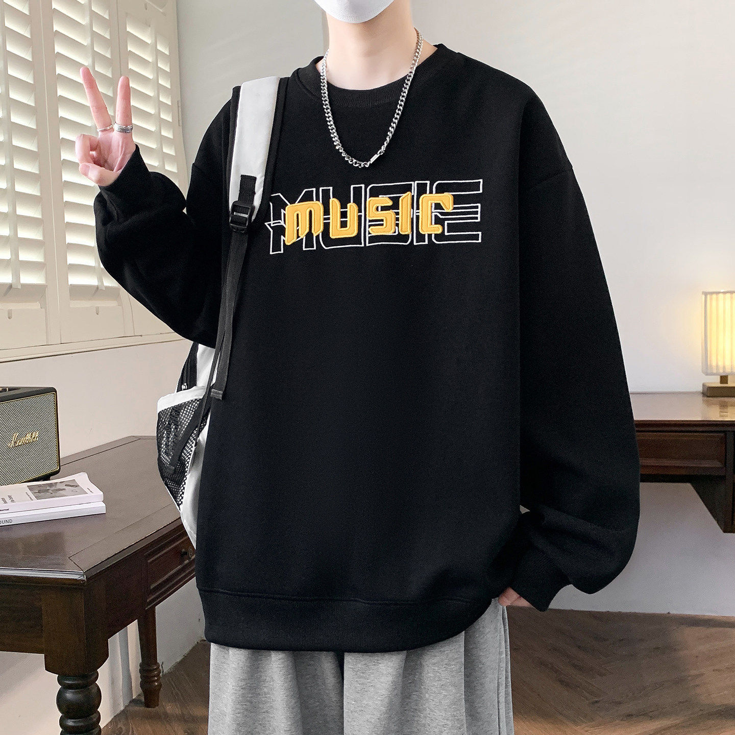 进口款圆领卫衣男孩高中初中学生潮牌帅气青少年大童男装长袖t恤