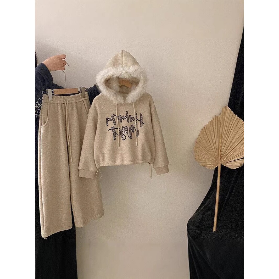 进口女童韩版新款加绒套装中大童一体绒加厚卫衣直筒裤两件套