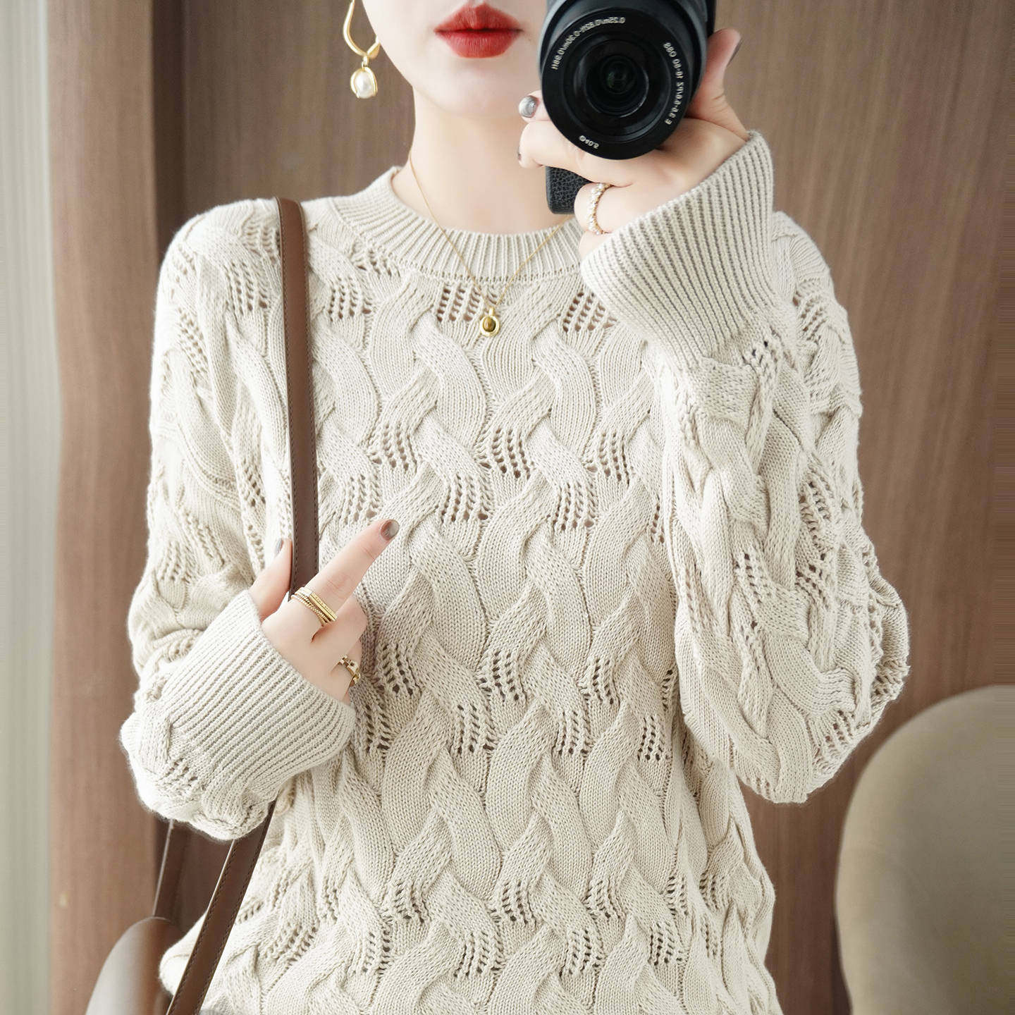 进口复古麻花棉线镂空针织衫女新款加厚保暖打底衫内搭巨好看毛衣