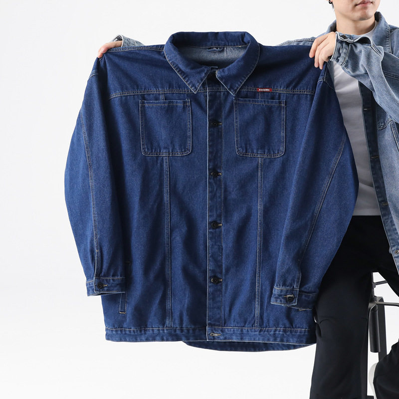 进口男士加长版牛仔外套斤夹克胖子加肥加大特大码宽松上衣