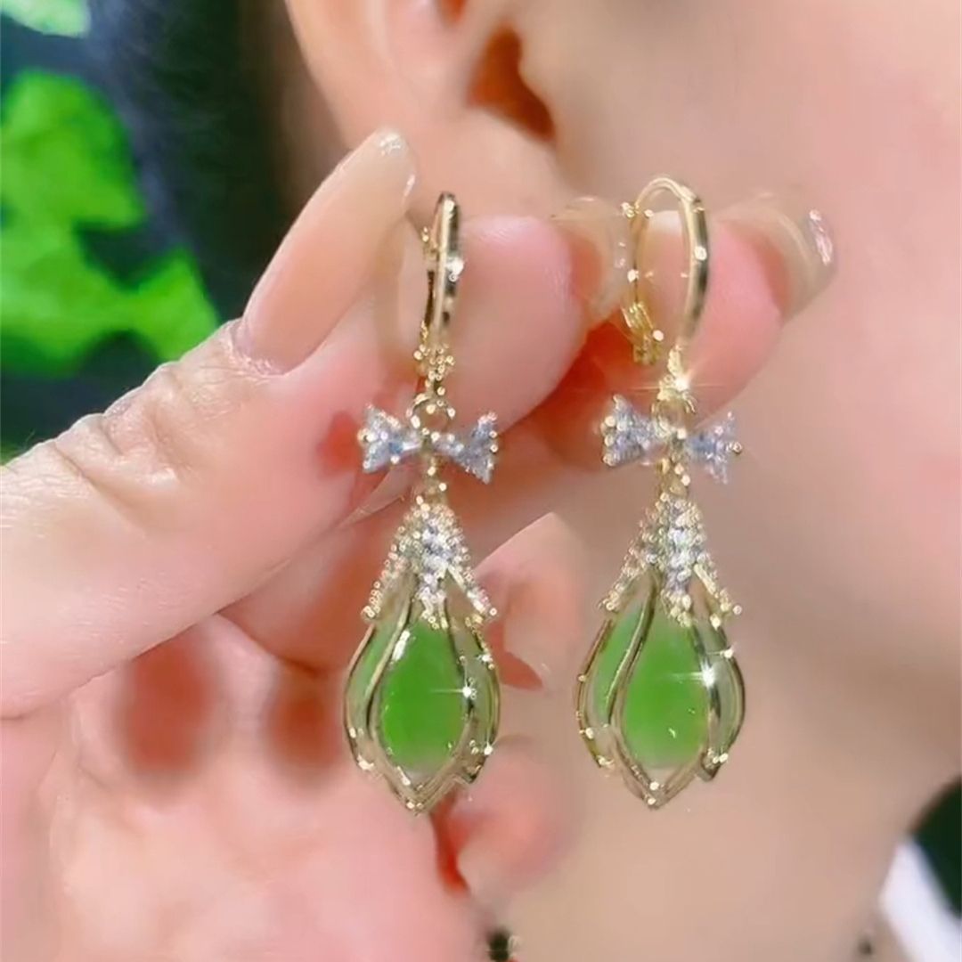 德国蝴蝶结绿色花朵耳扣耳环女防丢设计感网红百搭耳饰新款