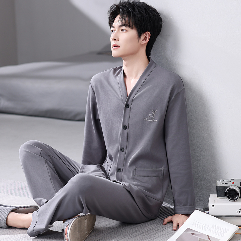 个性新品睡衣男款长袖长裤纯棉开衫青年男士睡衣翻领家居服两件套