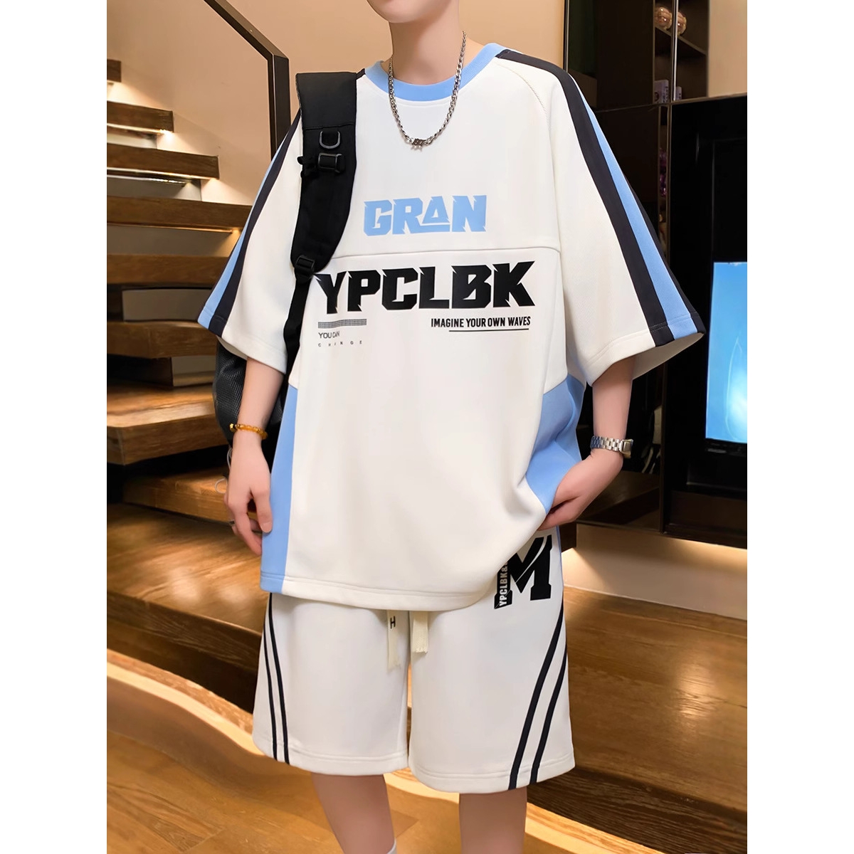 今年潮牌青少年夏季套装男孩高初中学生冰丝短袖t恤大童男装帅气