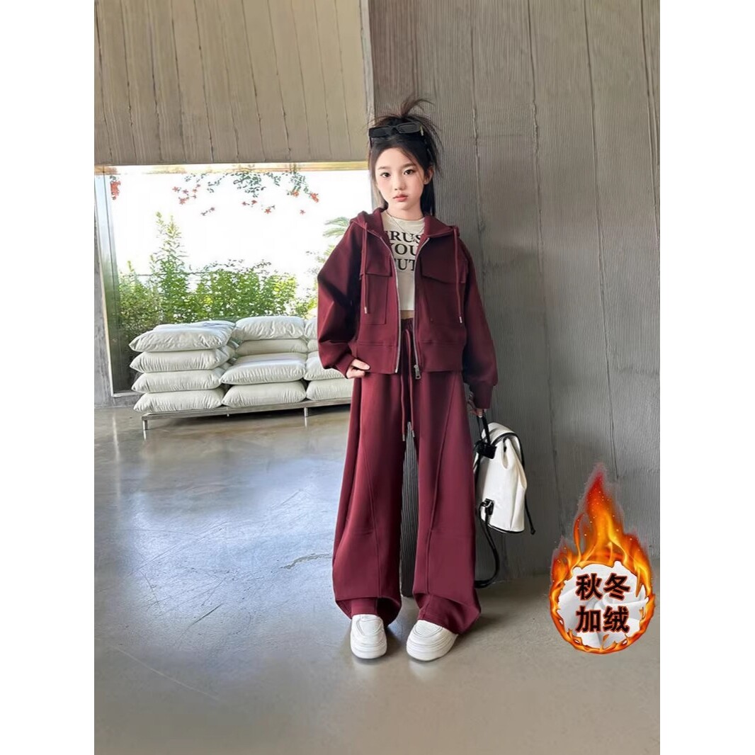 进口女童装运动套装加绒新款中大童拉链衫外套休闲裤两件套厚