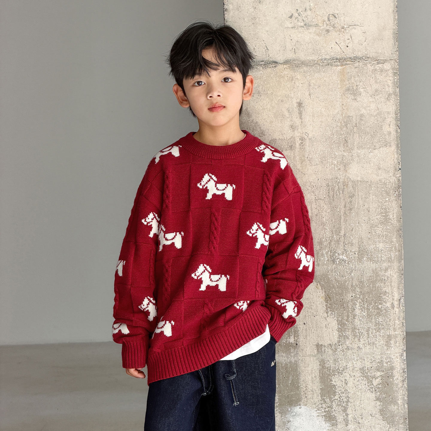 进口男童加厚红色毛衣季新款儿童中大童本命马年过新年衣服