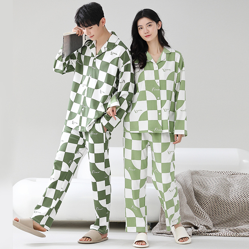 个性新品纯棉情侣睡衣开衫长袖长裤韩版简约家居服男款高级感套装