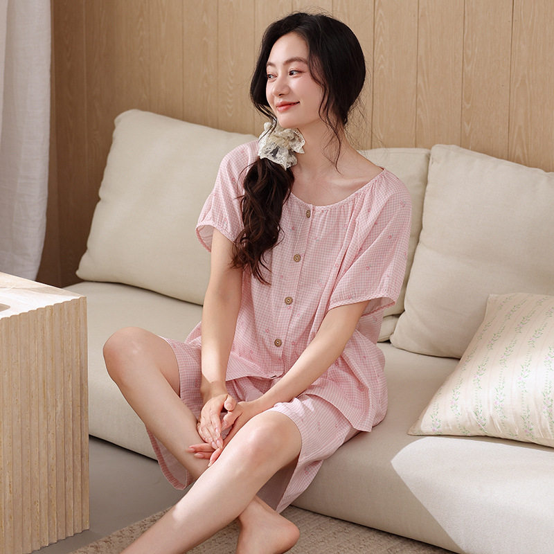 德国纯棉睡衣女款夏季新款短袖短裤夏天薄款全棉粉色格子慵懒风家