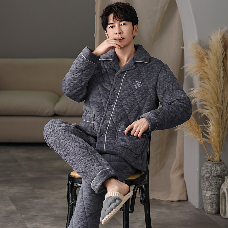 潮流睡衣男季珊瑚绒三层夹棉保暖加绒家居服简约休闲大码棉袄套装