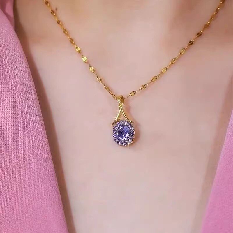 撤柜紫色锆石水晶钛钢项链女配饰新款爆款轻奢小众高级锁骨链颈链