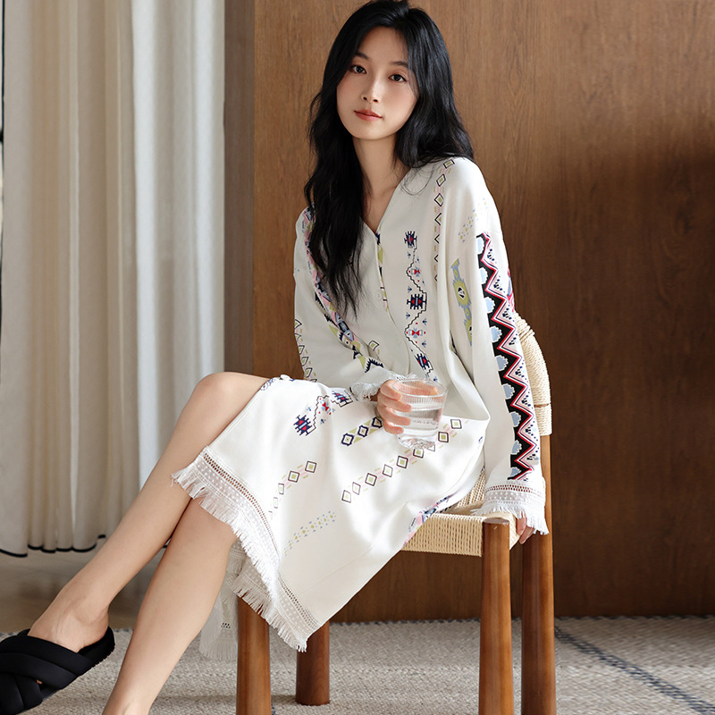 时尚新品新款宫廷风长袖睡裙可外穿显瘦超仙和服大码居家纯棉睡裙