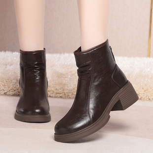 进口百搭女款单靴马丁靴女加绒保暖皮鞋粗跟复古短靴一件