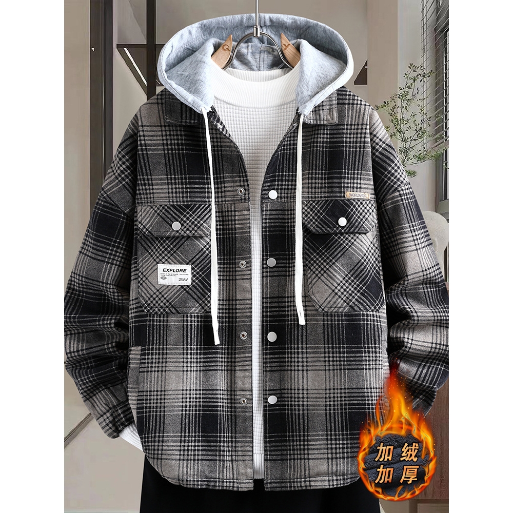 大牌高端格子棉衣男士牛仔外套加绒加厚假两件连帽夹克派克棉服