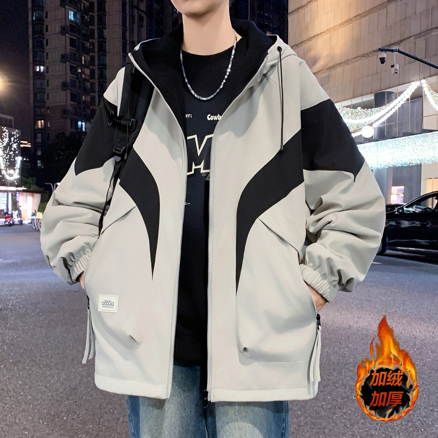 明星同款连帽外套男孩高中初中学生加绒加厚夹克青少年大童装棉服