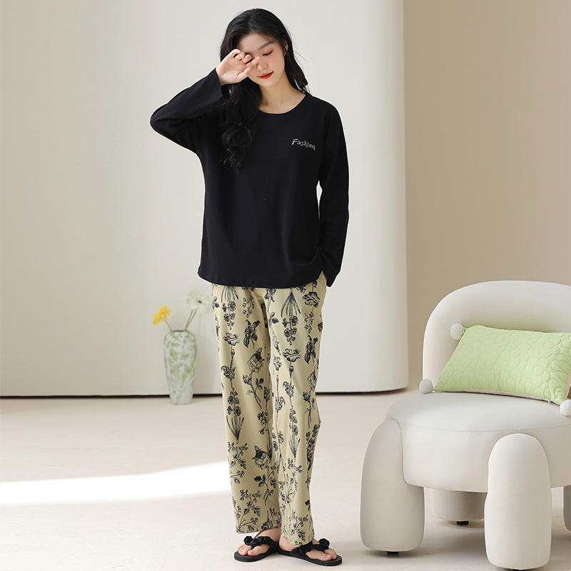 流行新品纯棉自带胸垫一体睡衣女款新款长袖两件套装全棉家居服