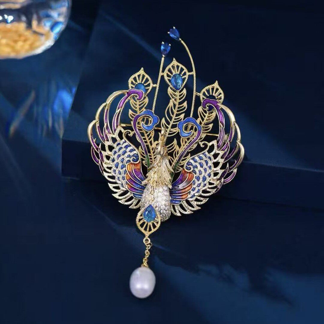 撤柜中国风彩色凤凰胸针女珍珠流苏吊坠重工胸花复古汉服旗袍别针