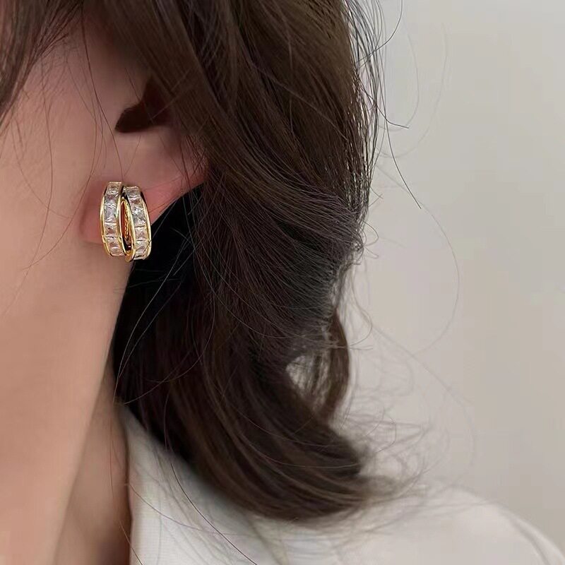 德国韩版高级感轻奢双层耳钉女满钻简约耳环女小众设计轻奢百搭耳