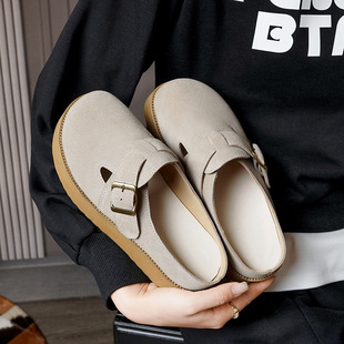 进口真皮厚底鞋女英伦风松糕底女鞋懒人包头半拖鞋乐福单鞋