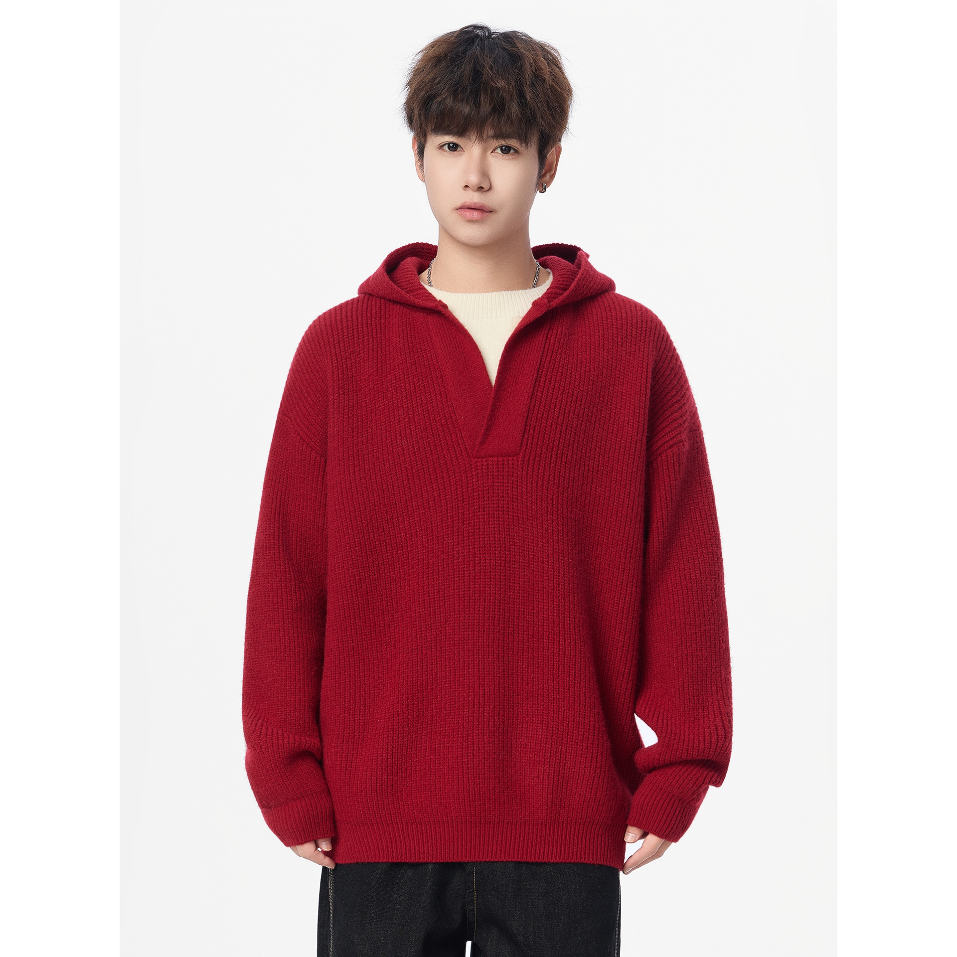 大牌高端青少年半开领简约风连帽假两件针织衫男宽松百搭慵懒毛衣