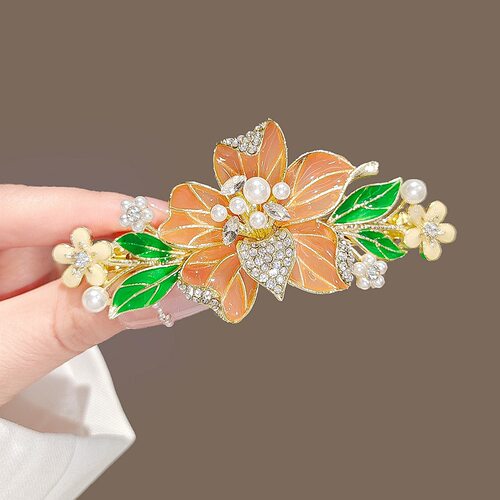 撤柜复古彩绘叶子花朵弹簧夹国风甜美珍珠水钻发夹高级感盘发古风