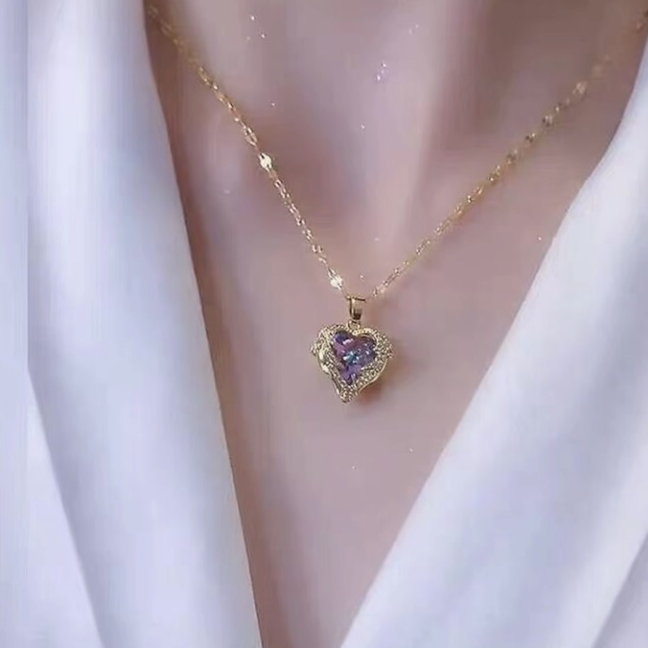 德国轻奢蓝紫色水晶海洋之心项链女高级感不褪色锁骨链网红百搭吊
