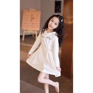 进口女童新款连帽长袖连衣裙新款中大童韩版中长款韩版卫衣裙