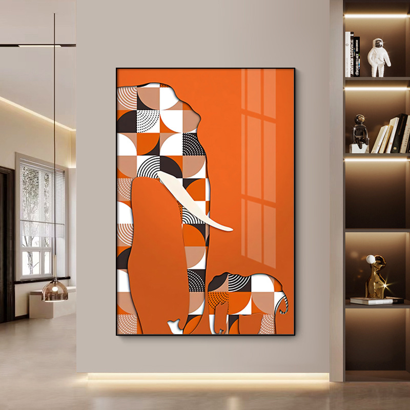 时尚新款北欧玄关装饰画入户晶瓷挂画走廊过道大象吉祥橙色客厅壁图片