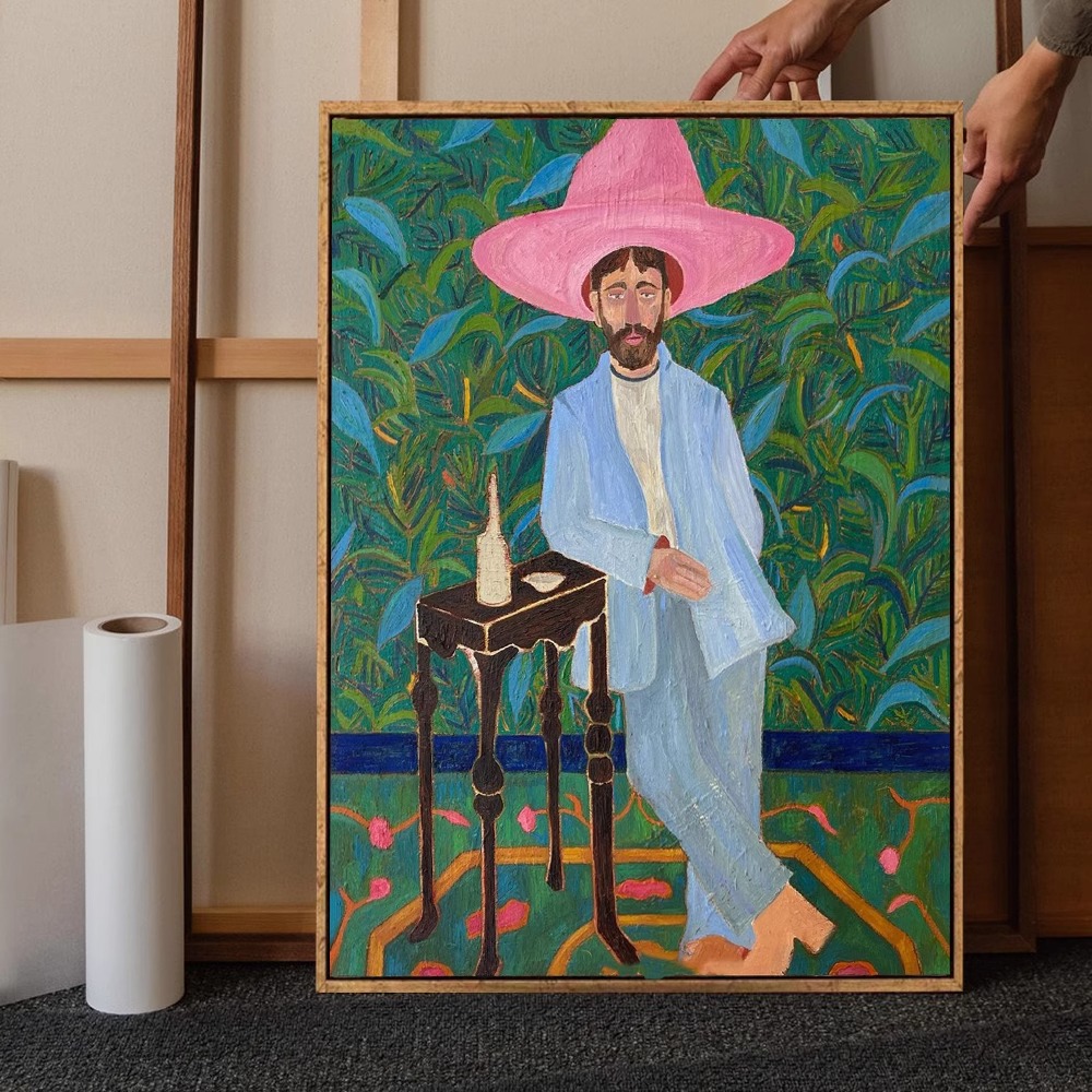 时尚新款美国小众粉红帽子西部人物酒店文艺装饰画复古创意油画客图片