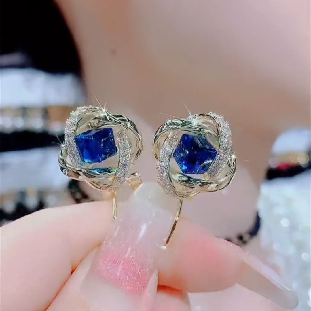 德国高级感蓝色方糖一克拉耳夹耳环女设计感网红百搭耳饰新款耳坠