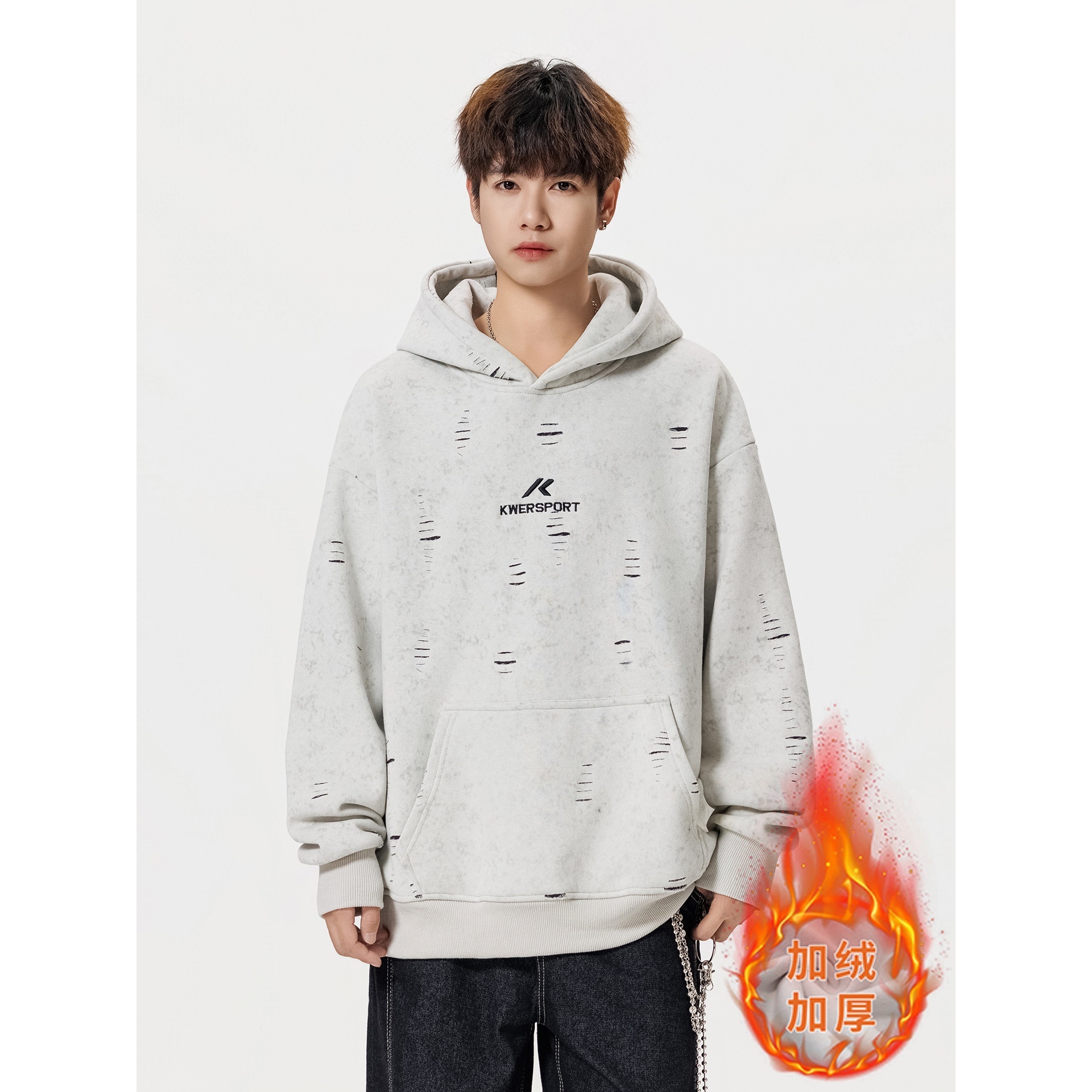 大牌高端连帽破洞卫衣岁男孩青少年学生加绒加厚潮牌男装