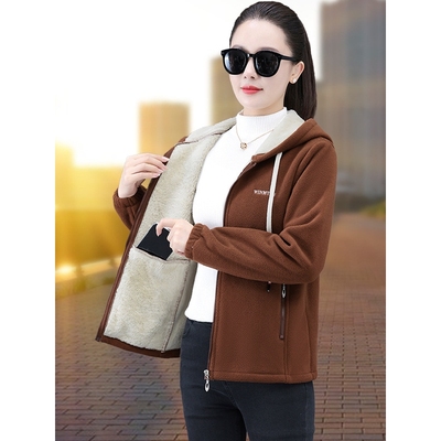 明星同款连帽抓绒衣外套女士新款小个子短款妈妈加厚保暖摇粒绒