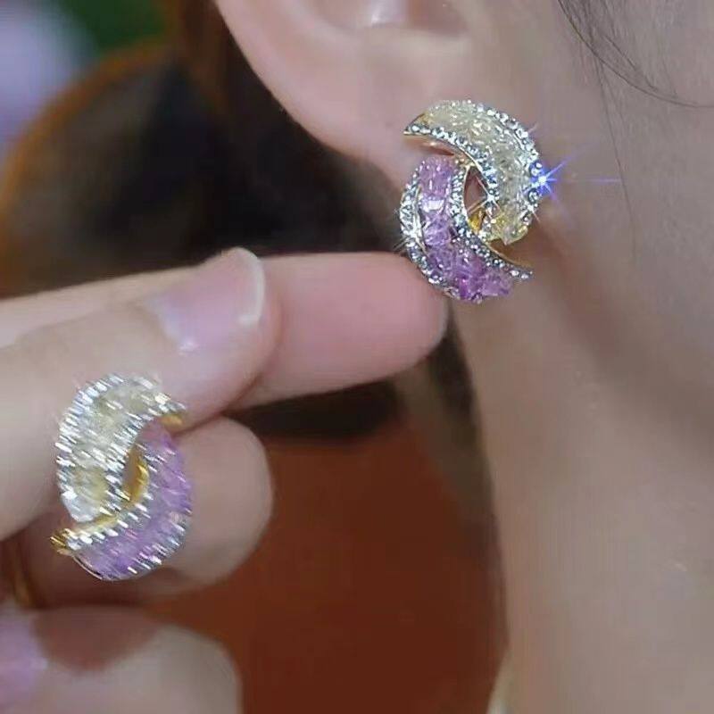 撤柜法式重工精美撞色超闪水晶耳夹优雅甜美清新田园风祖母绿耳饰