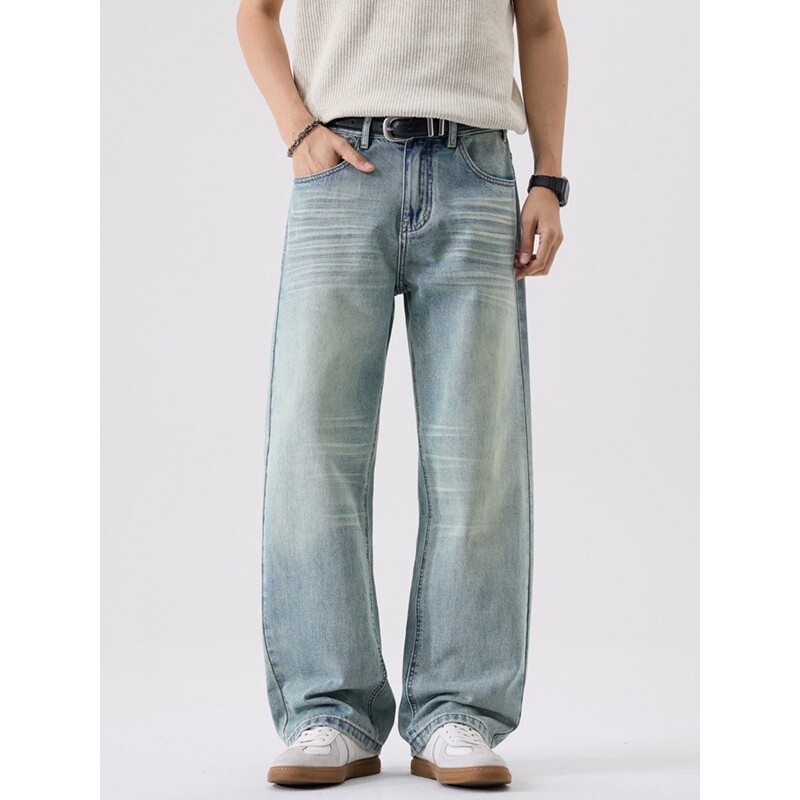 进口新款美式复古猫须浅色牛仔裤男宽松直筒阔腿高端潮流男款休闲