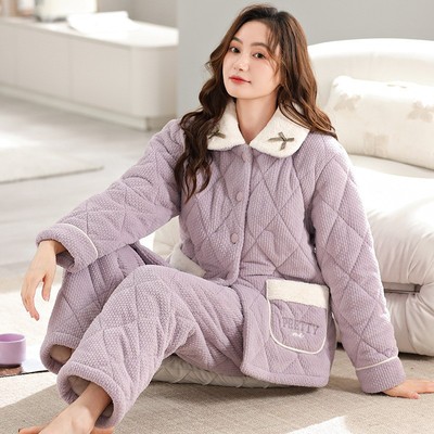 潮流三层夹棉睡衣女士棉袄法兰绒套装加绒加厚保暖珊瑚绒款