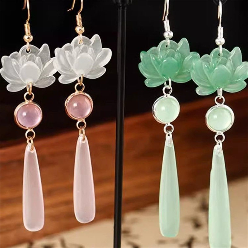 德国新中式莲花猫眼石长款水滴耳环女新款国风汉服古风耳钩耳饰品