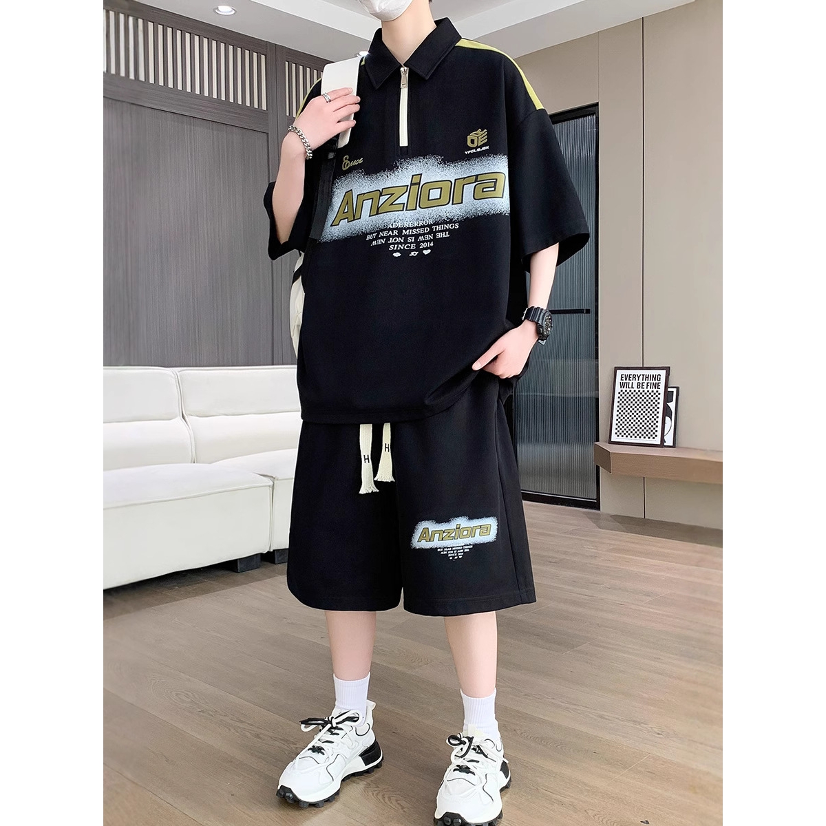 今年潮牌青少年夏季套装休闲运动服男生初中生冰丝短袖t恤大童翻