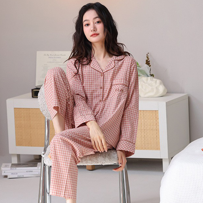 流行新品梭织棉纱布睡衣女款纯棉长袖女款夏季全棉加厚家居服套装