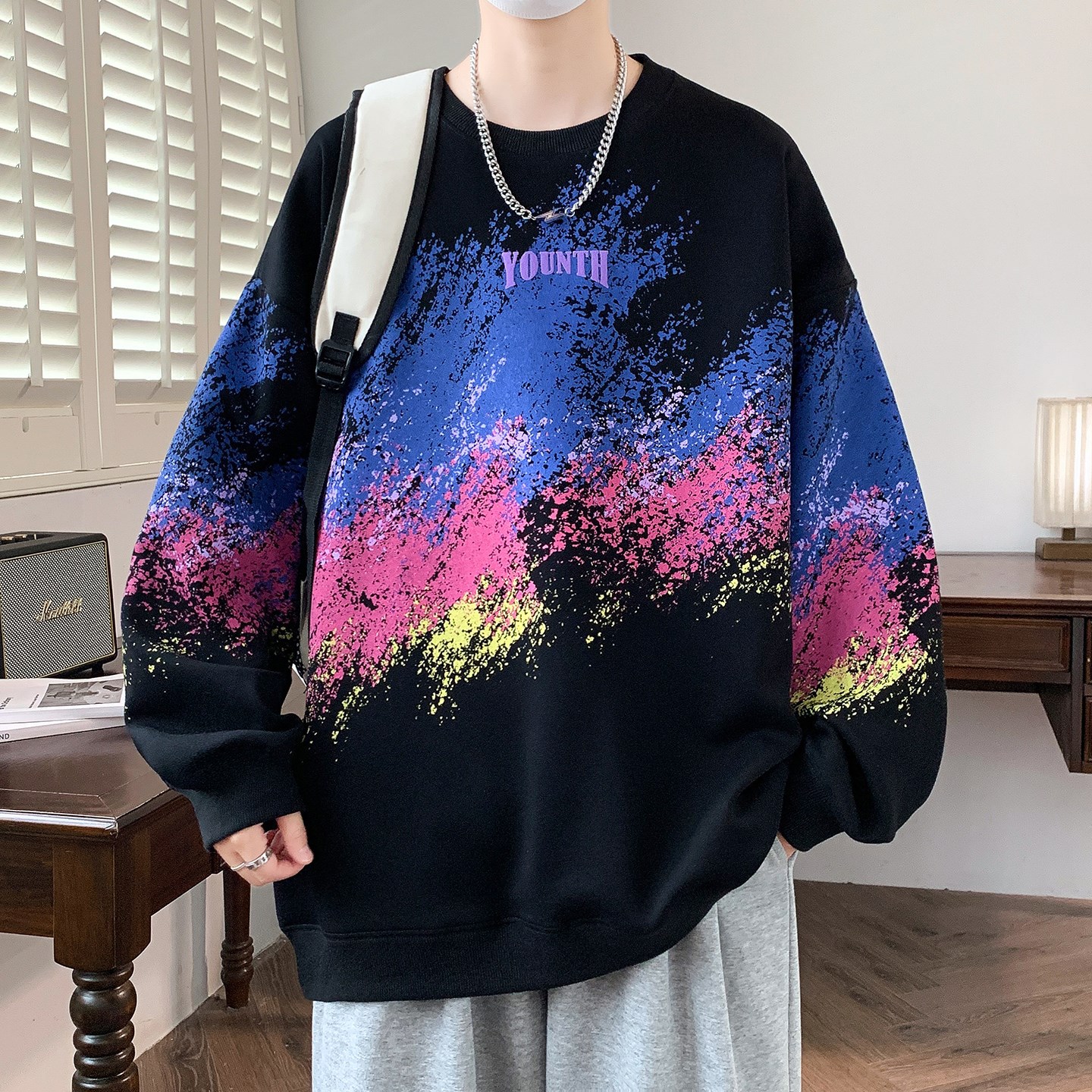 明星同款美式涂鸦印花圆领卫衣男生款潮牌青少年初中高中学生长袖