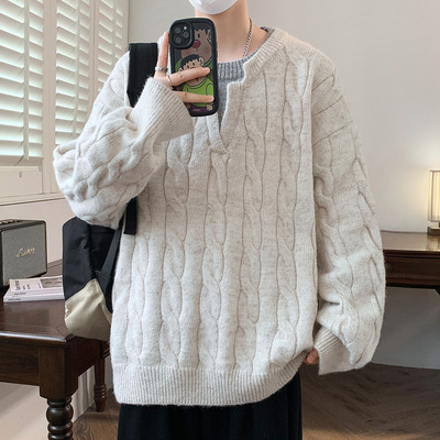 大牌高端青少年假两件毛衣男孩初中高中学生帅气大童针织打底衫上