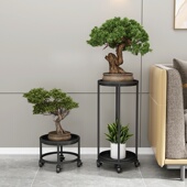 阳台落地式 花盆架带轮可移动两层多层置物架 圆形铁艺花架鱼缸架