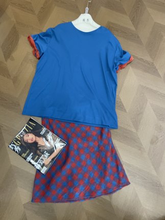复古撞色圆领卷边短袖上衣+红蓝格子A字短裙 夏日清新百搭套装