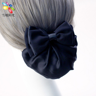 三层布艺蝴蝶结盘发布兜发网兜 成人职业女头花员工头花发夹头饰