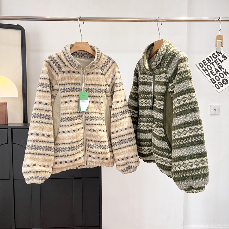 大厂订单！情侣款撞色费尔岛仿羊羔绒立领加绒加厚摇粒绒夹克外套
