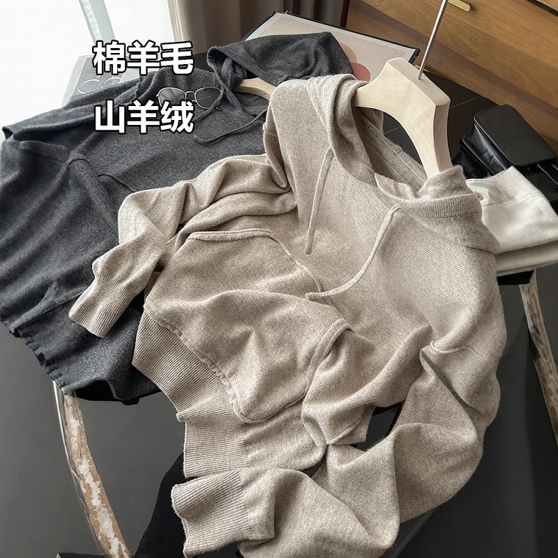 大厂订单!木巨1W+! 客供羊毛羊绒混纺反织设计连帽针织衫上衣女