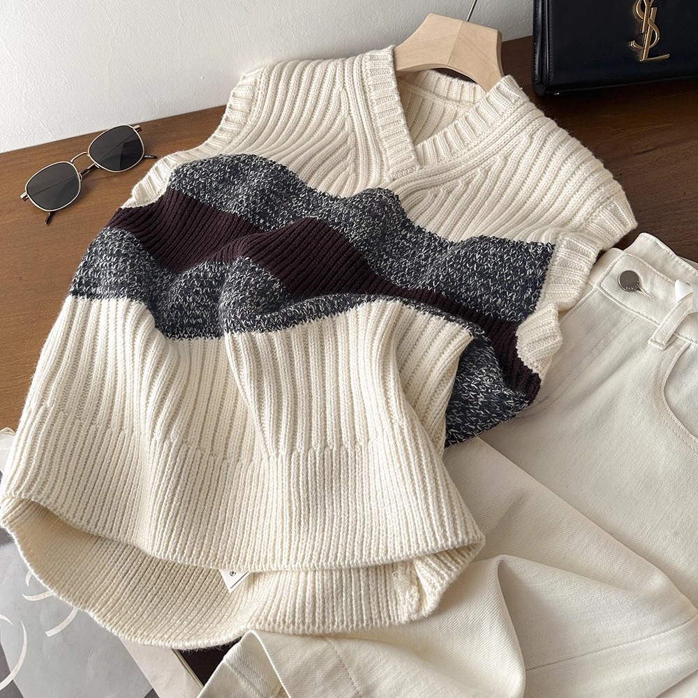 北欧C!木巨790+极简风复古拼色条纹小V领盖肩无袖坑条针织马甲女